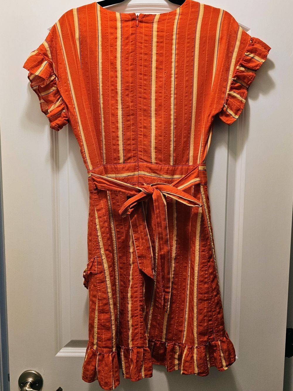 THML Anthropologie Ruffle Wrap Dress Size S Orange Stripe Coastal Resort - Picture 4 of 7